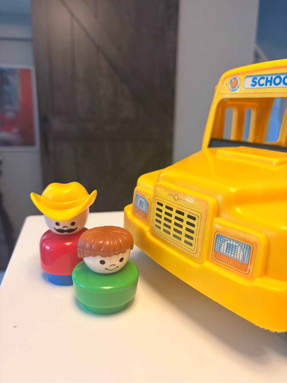 1991 Vintage Yellow School Bus with 2 vintage little people.